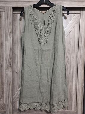 Sleeveless Crochet-Trim Dress in Sage Green